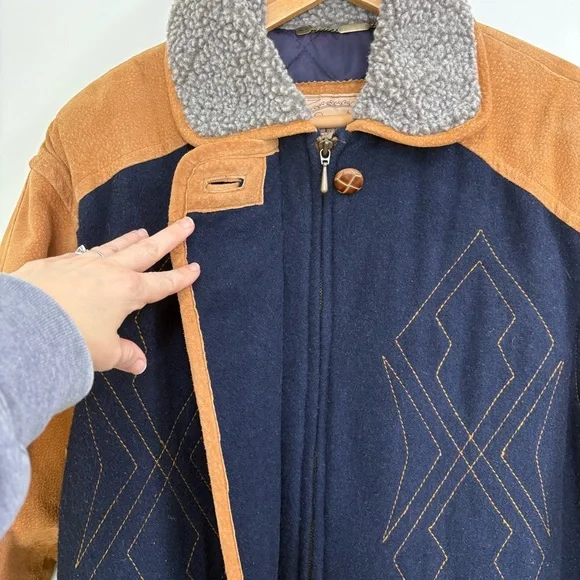 VTG Novelti 100% Leather Wool Tan Blue Insulated Ranch Jacket. Women Sz M - Picture 8 of 16